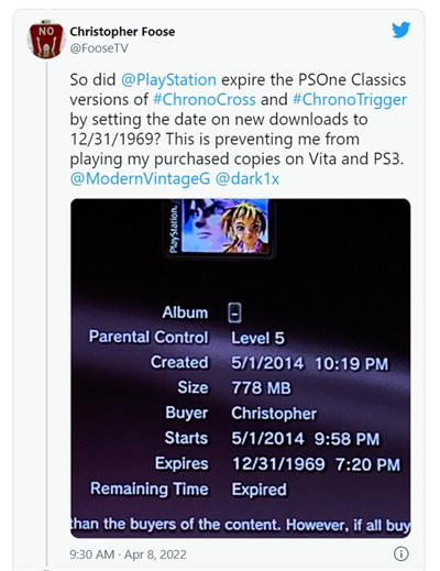 索尼诸多经典PS1游戏曝出Bug，在PS3和PSV提示已过期图2