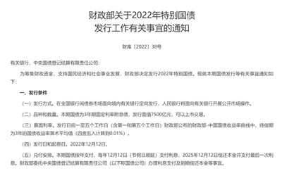 我国历史上第四次！财政部决定发行2022年特别国债，面值7500亿元