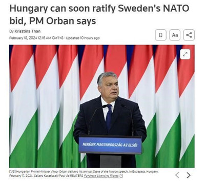 匈牙利总理：将很快批准瑞典加入北约